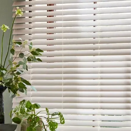 White wooden venetian blinds beside a houseplant